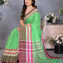 Moda Rapido Green Solid Cotton Blend Chanderi Sarees image 4