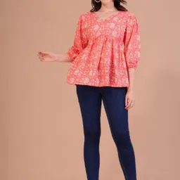 HERE&NOW Floral Print V-Neck Cotton Peplum Top-picture-21