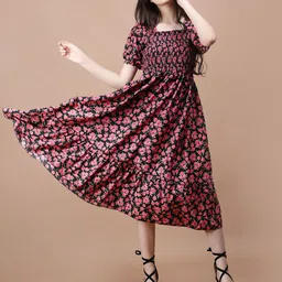 Pinly Floral Print Puff Sleeve Crepe Fit & Flare Midi Dress image 1