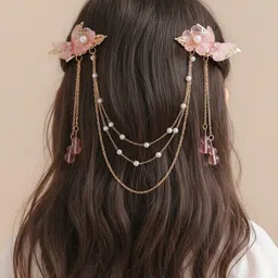 Ziory Girls Floral & Butterfly Applique With Pearls & Chains Detailed Alligator Hair Clip-image-6