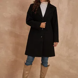 CLAPTON Women Solid Tweed Blazer With Notch Lapel & Button Closure Black-picture-26