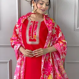 J.KANJI Floral Yoke Design Round Neck Thread Work Straight Kurta With Trousers & Dupatta image 5