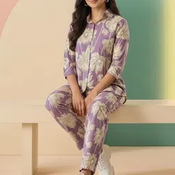 SZN Floral Printed Pure Cotton A-line Shirt & Trousers Co-Ord Set-image-27