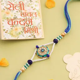 Sangria Blue Artificial Stones & Beaded Floral Design Thread Rakhi-picture-42
