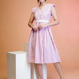 YANAMORA Striped Flutter Sleeve Fit & Flare Dress-image-13