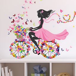 LANSTICK Pink & Black Girl With Cycle Ride & Butterflies Self Adhesive Wall Sticker-picture-12
