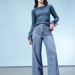 glitchez Self Design Striped Slim Fit Sweater image 2