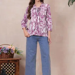 Jyoti Women Purple & White Floral Printed Tie-Up Neck Crepe Top-image-26