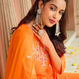 KALINI Women Ethnic Motifs Embroidered Regular Thread Work Kurta with Trousers & With Dupatta image 3