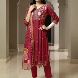 Rangita Women Ethnic Motifs Embroidered Empire Thread Work Kurta with Trousers & With Dupatta-image-88