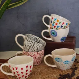 WEAVING HOMES Beige & Red 6 Pieces Printed Ceramic Glossy Mugs 220ml Each image 4