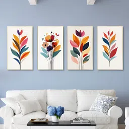 nestroots Red & Orange 4 Pieces Floral and Botanical Canvas Painting Wall Arts-image-0