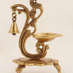 Exotic India Gold Toned Pooja Deepam With Bell Brass-image-32