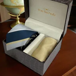 The Tie Hub Men Accessory Gift Set Stripe Microfiber Necktie with Cream Pocket Square-image-15