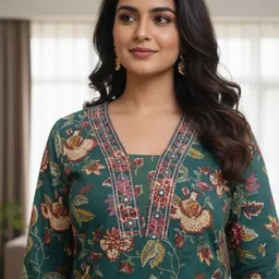 KALINI Women Floral Printed Regular Mirror Work Pure Cotton Kurta with Trousers image 4