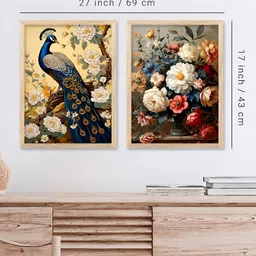 Kotart Brown & White 2 Pieces Floral & Peacock Printed Wooden Wall Arts image 5