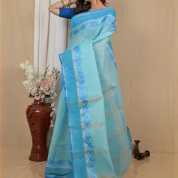 PuJoy Ethnic Motifs Woven Design Zari Pure Cotton Taant Saree-picture-21