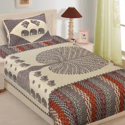 LIVING ROOTS Purple & Beige Ethnic Motifs Cotton 144TC Single Bedsheet with 1 Pillow Cover-picture-38