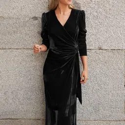 HERE&NOW Women Wrap Solid Midi Dress-picture-20