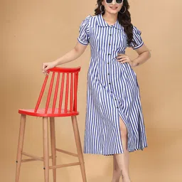QENA Striped Puff Sleeve A-Line Midi Dress image 4