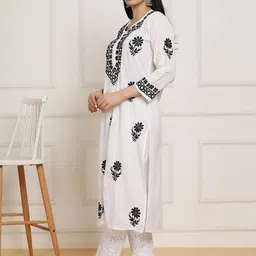 malabis MALABIS.in White Base Mulmul Straight Fit Long Chikankari kurti With Colorful Threadworks image 3