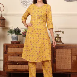 W Yellow and Pink Printed Printed Round Neck Pure Cotton Tunic With Trousers-image-16