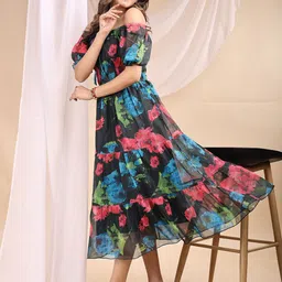 Attire Empire Floral Print Off-Shoulder Puff Sleeve Georgette Fit & Flare Midi Dress image 3
