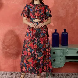 IVY BY KIBO Floral Printed Cut Out Detail Cotton Fit & Flare Midi Dress-picture-37