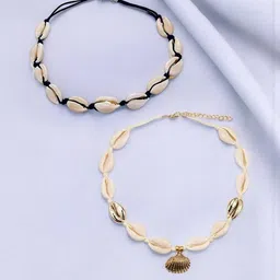 DressBerry Women 2 Pcs Gold & Black Shell Choker Necklace-image-43
