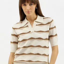 United Colors of Benetton Women Striped Polo Collar Pure Cotton Pockets T-shirt-picture-22