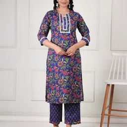 Aramya Floral Printed Notch Neck Pure Cotton Kurta With Trousers-image-16