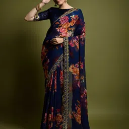 DIVASTRI Floral Sequinned Poly Georgette Saree-image-92