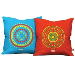 Indigifts Red & Blue Set of 2 Ethnic Motifs Satin Square Cushion Covers image 1