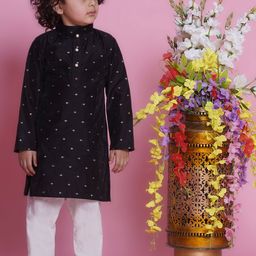 Little Bansi Boys Floral Embroidered Zari Cotton Silk Straight Kurta with Pyjamas-picture-2