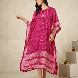 Soch Bandhani Printed Sequined Round Neck Kaftan Dress-picture-12