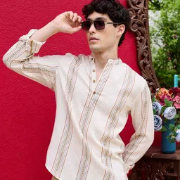 VASTRADO Striped Mandarin Collar Linen Kurta-image-27