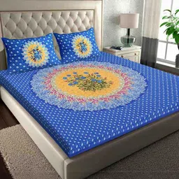 KD PRINTS Blue & White Floral 180 TC King Bedsheet with 2 Pillow Covers-image-0