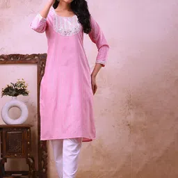 AUZAAI COLLECTION Striped Embroidered Round Neck Thread Work Straight Kurta-picture-26