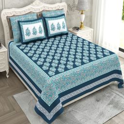 Myntra Elegant Homes Blue 260 TC Superfine Ethnic Motifs Cotton Super King Bedsheets-picture-6