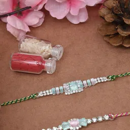 MEIRA JEWELLERY Set Of 2 Stones Studded Thread Rakhi With Roli Rice & Greeting Card-picture-33