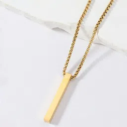 Designs & You Men Gold-Plated Stainless Steel 3D Cuboid Vertical Bar Pendant with Chain image 1