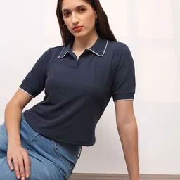 Globus Self Design Short Sleeve Collared Neck Lace Detail Top-image-36