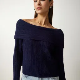 Happiness istanbul Women Off-Shoulder Ribbed Pullover Sweater image 5