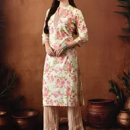 TRUVON FASHIONS Floral Printed Pure Cotton Kurta With Palazzos image 5