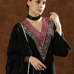 Anouk Embroidered V-Neck Thread Work Straight Kurta With Palazzos & Dupatta image 4