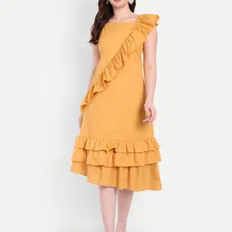 FairLeaf Women Square Neck Ruffled A-Line Midi Dress-image-60