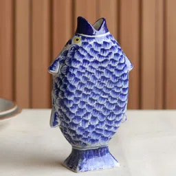 unravel india Blue Madhubani Fish Pottery Flower Vase image 3
