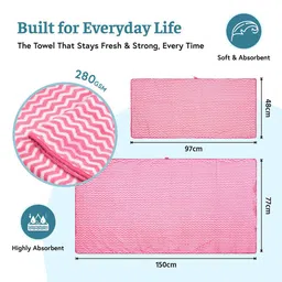 Kuber Industries Pink & White 2 Pieces Striped Microfiber 270 GSM Towel Set image 5