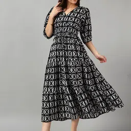 Krunal Raiyani Women Geometric Printed V-Neck Puff Sleeve Fit & Flare Midi Dress-image-41