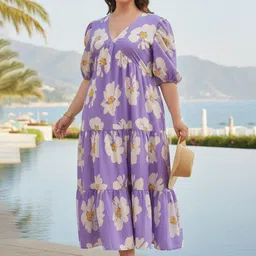 U&F Beyond Women Plus Size Floral Print Puff Sleeve Tiered A-Line Midi Dress image 2